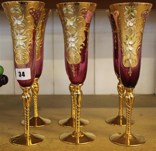 Set 6 Cranberry & gilt wine glasses